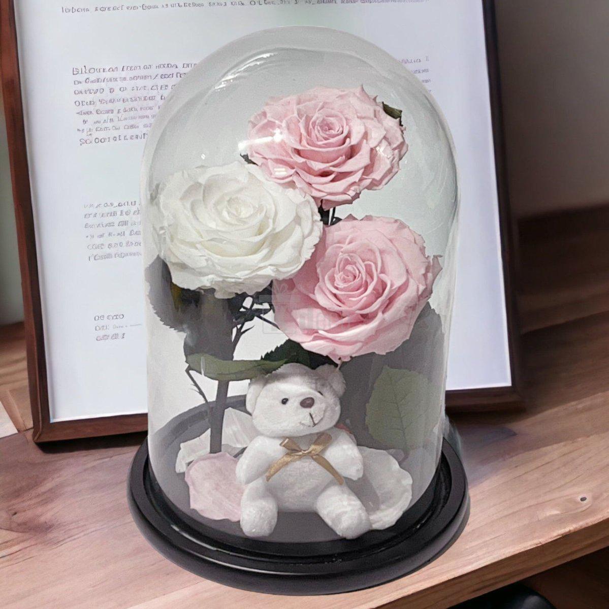 3 Trandafiri Criogenati mari (2 roz pal si 1 alb) in cupola sticla-Kdeco.ro