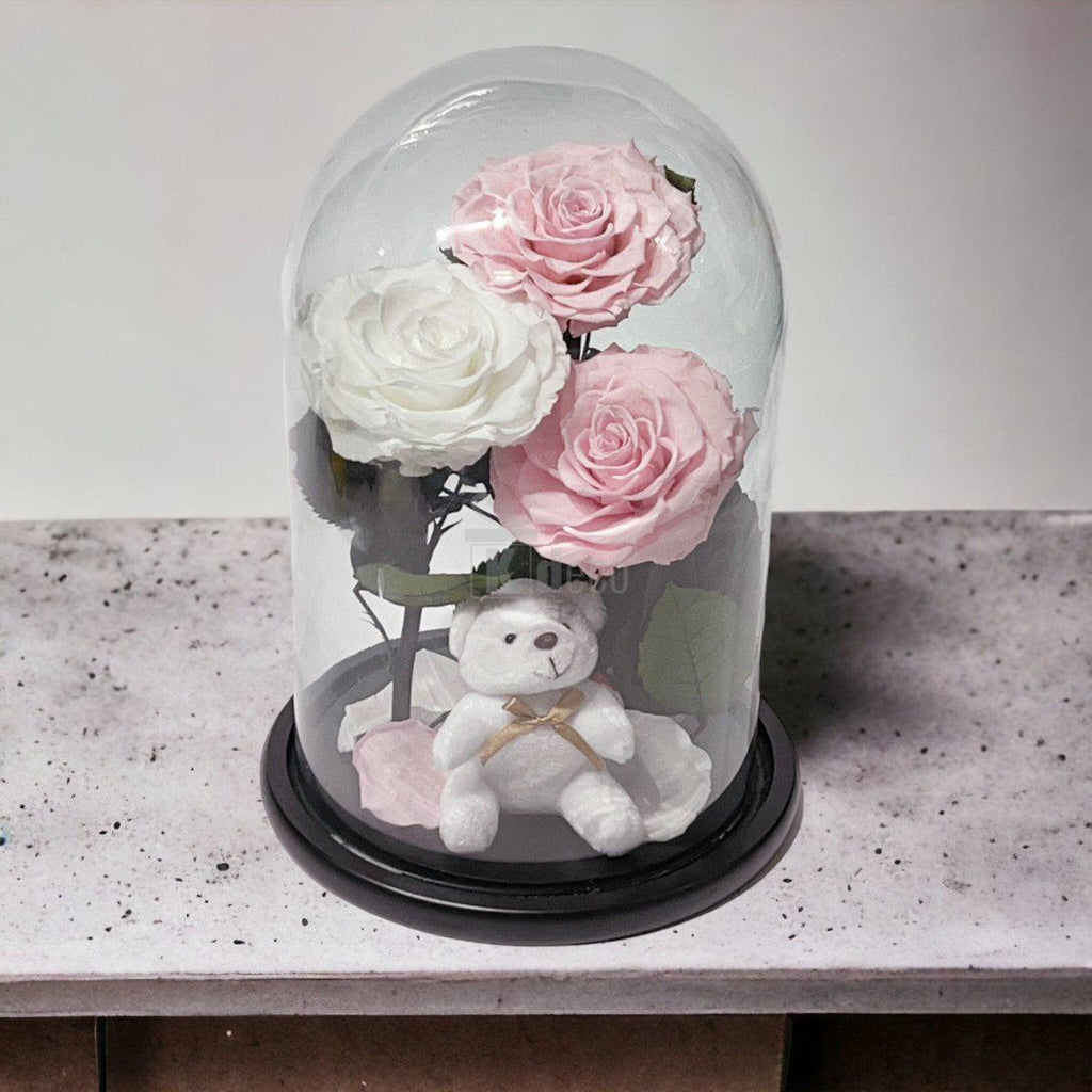 3 Trandafiri Criogenati mari (2 roz pal si 1 alb) in cupola sticla-Kdeco.ro