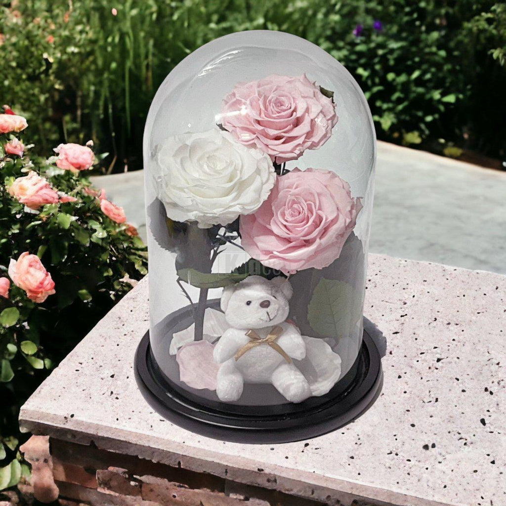 3 Trandafiri Criogenati mari (2 roz pal si 1 alb) in cupola sticla-Kdeco.ro