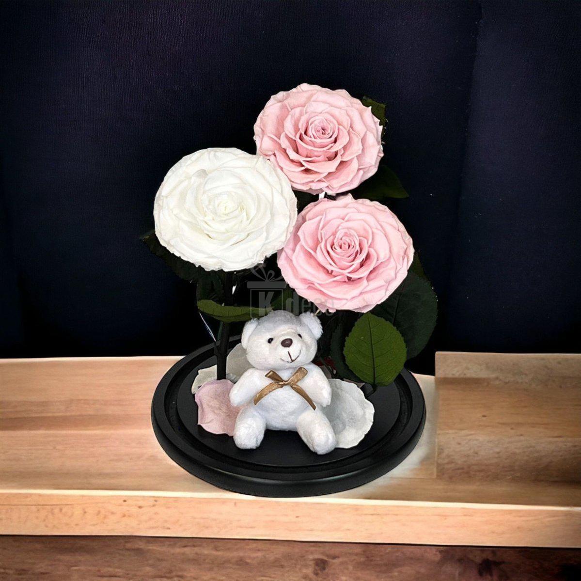 3 Trandafiri Criogenati mari (2 roz pal si 1 alb) in cupola sticla-Kdeco.ro