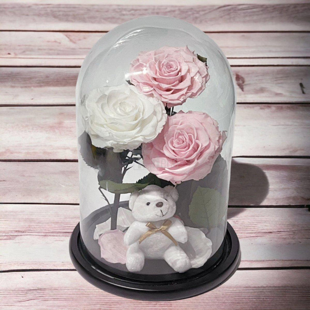 3 Trandafiri Criogenati mari (2 roz pal si 1 alb) in cupola sticla-Kdeco.ro