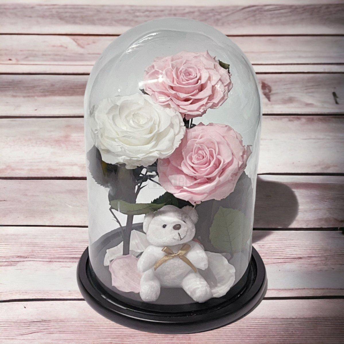 3 Trandafiri Criogenati mari (2 roz pal si 1 alb) in cupola sticla-Kdeco.ro