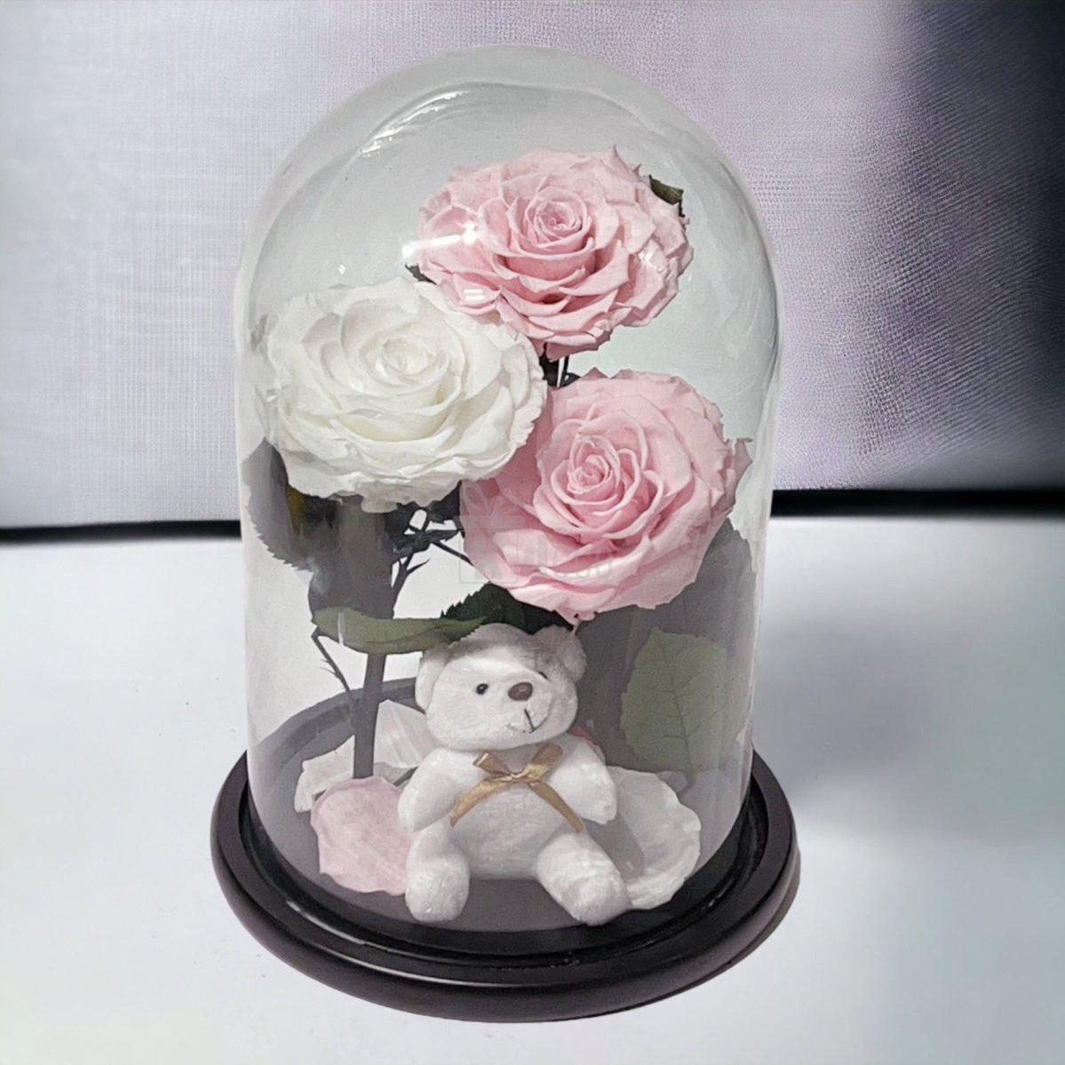 3 Trandafiri Criogenati mari (2 roz pal si 1 alb) in cupola sticla-Kdeco.ro