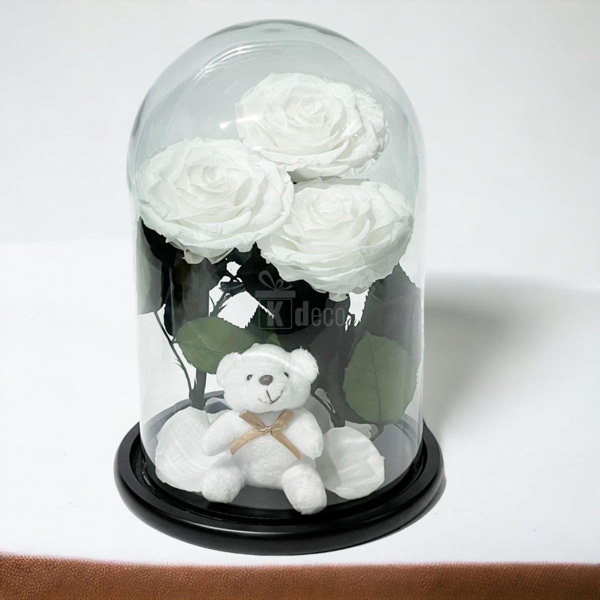 3 Trandafiri Criogenati albi mari in cupola de sticla cu ursulet-Kdeco.ro