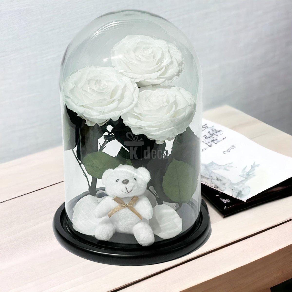 3 Trandafiri Criogenati albi mari in cupola de sticla cu ursulet-Kdeco.ro