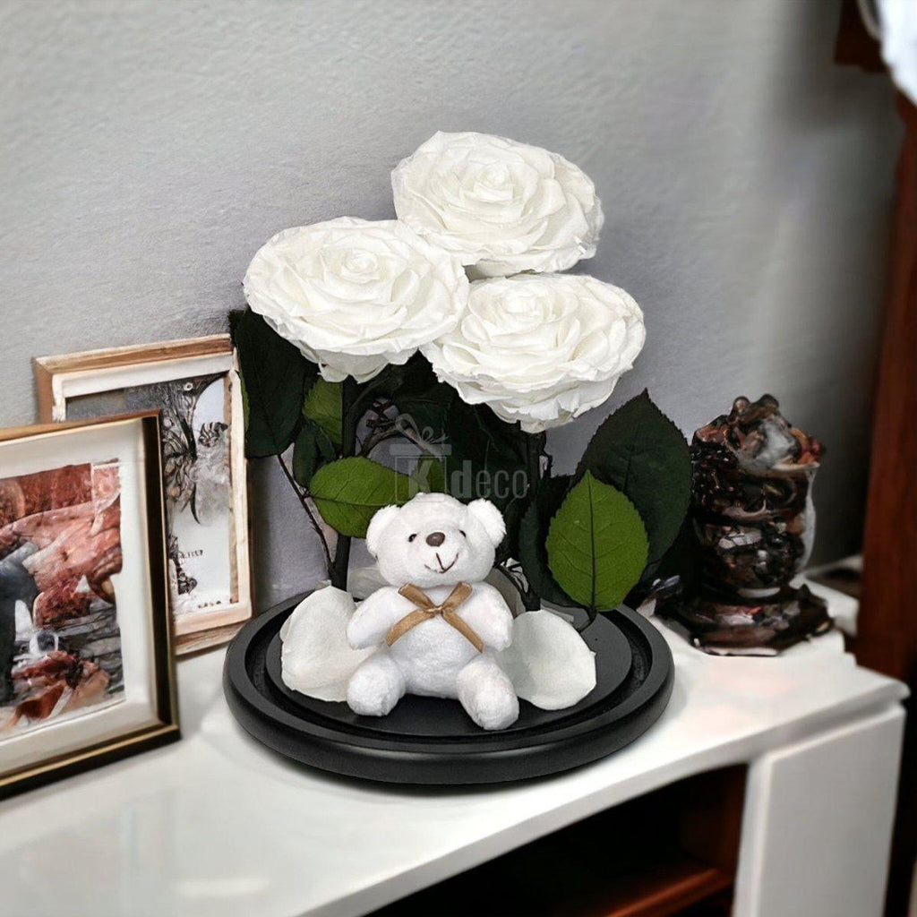 3 Trandafiri Criogenati albi mari in cupola de sticla cu ursulet-Kdeco.ro