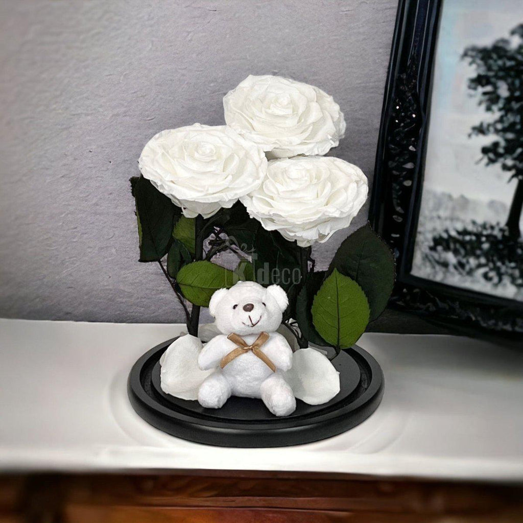 3 Trandafiri Criogenati albi mari in cupola de sticla cu ursulet-Kdeco.ro