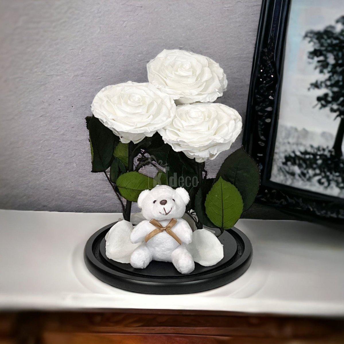 3 Trandafiri Criogenati albi mari in cupola de sticla cu ursulet-Kdeco.ro