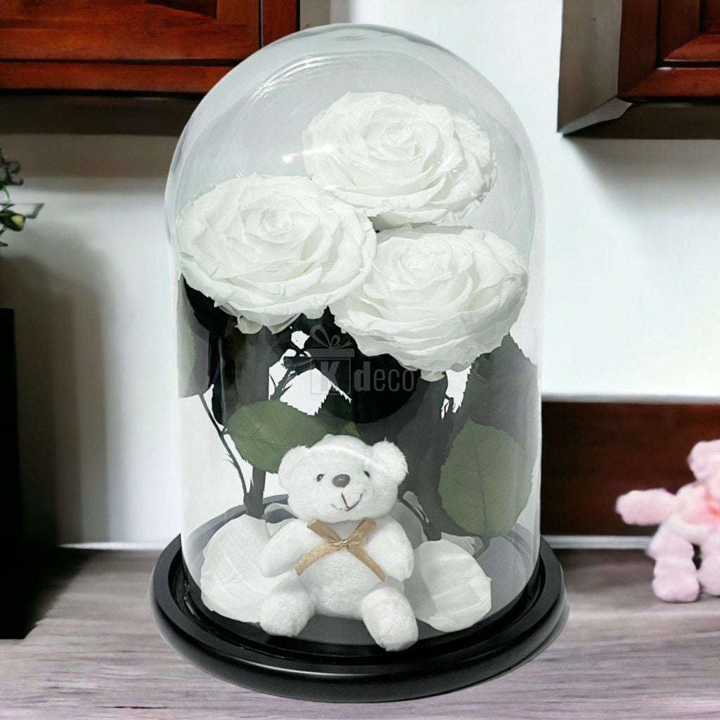 3 Trandafiri Criogenati albi mari in cupola de sticla cu ursulet-Kdeco.ro