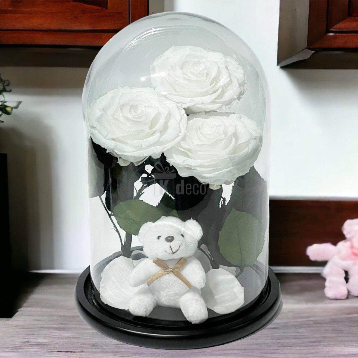 3 Trandafiri Criogenati albi mari in cupola de sticla cu ursulet-Kdeco.ro