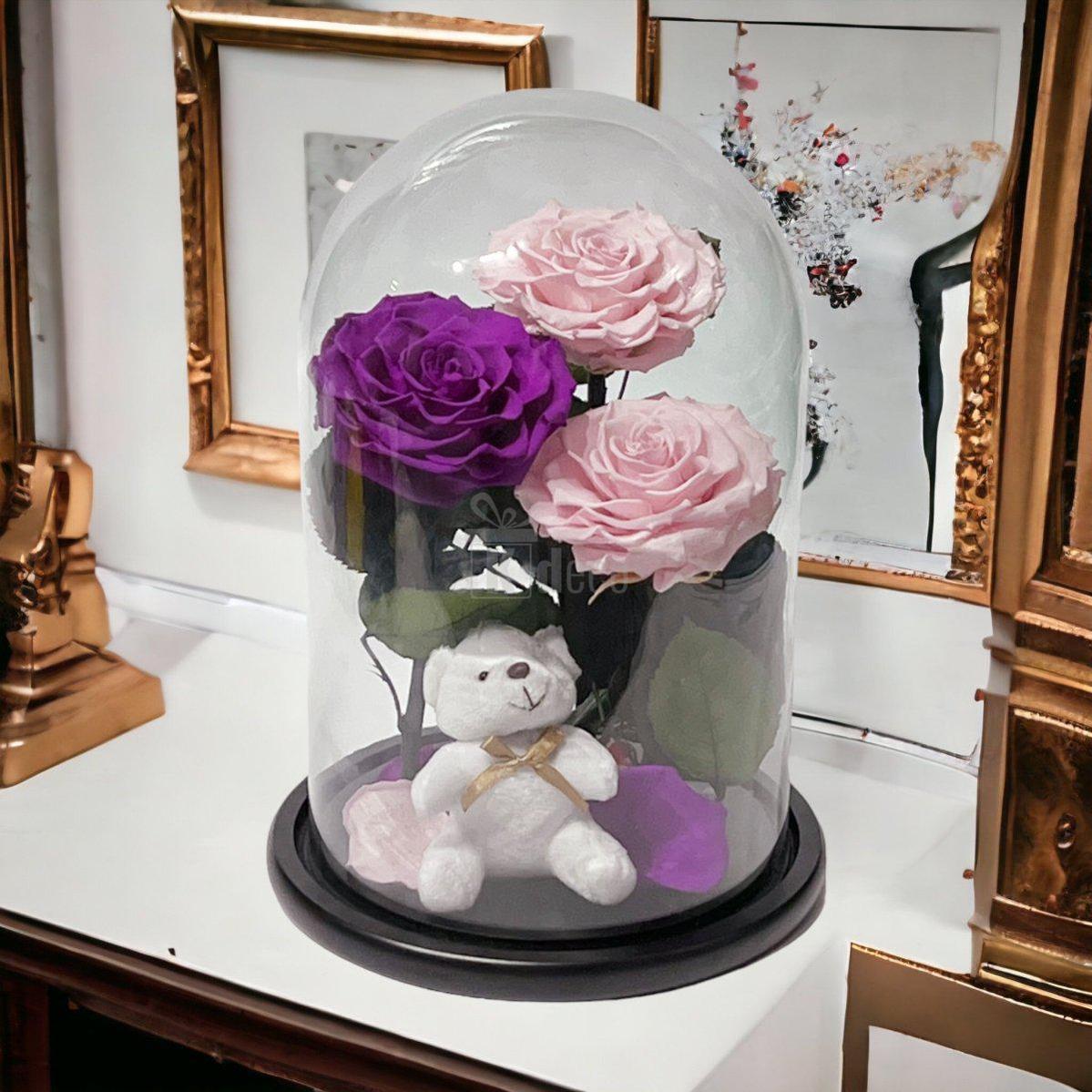 3 Trandafiri Criogenati mari (2 roz si 1 purpuriu) in cupola sticla-Kdeco.ro