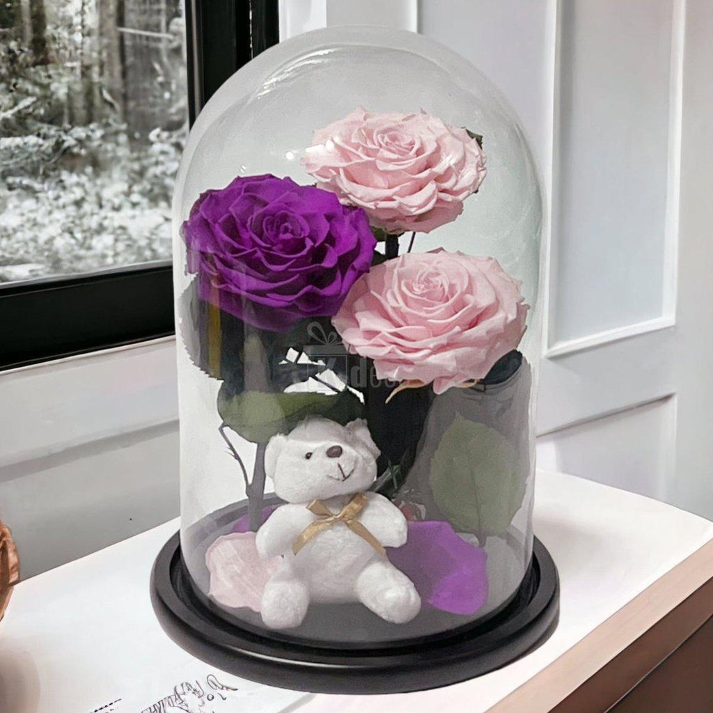 3 Trandafiri Criogenati mari (2 roz si 1 purpuriu) in cupola sticla-Kdeco.ro