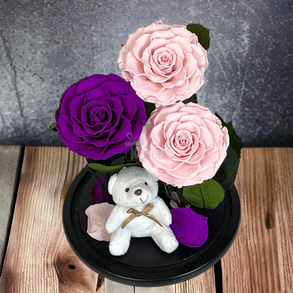 3 Trandafiri Criogenati mari (2 roz si 1 purpuriu) in cupola sticla-Kdeco.ro