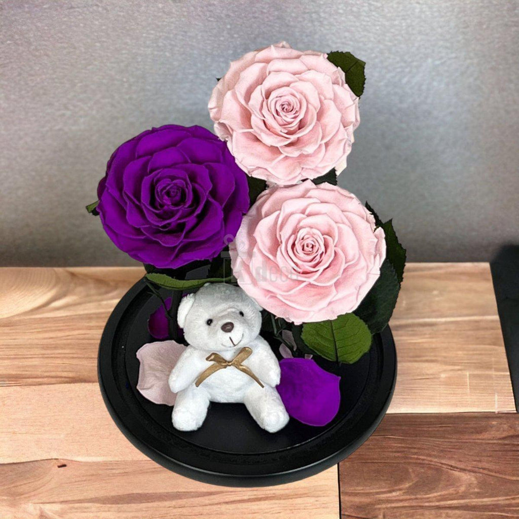 3 Trandafiri Criogenati mari (2 roz si 1 purpuriu) in cupola sticla-Kdeco.ro