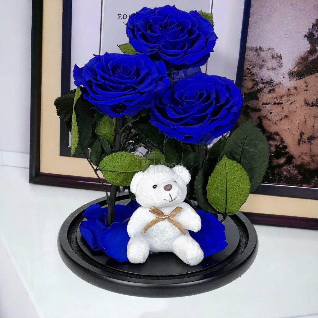 3 Trandafiri Criogenati mari albastrii in cupola de sticla cu ursulet-Kdeco.ro