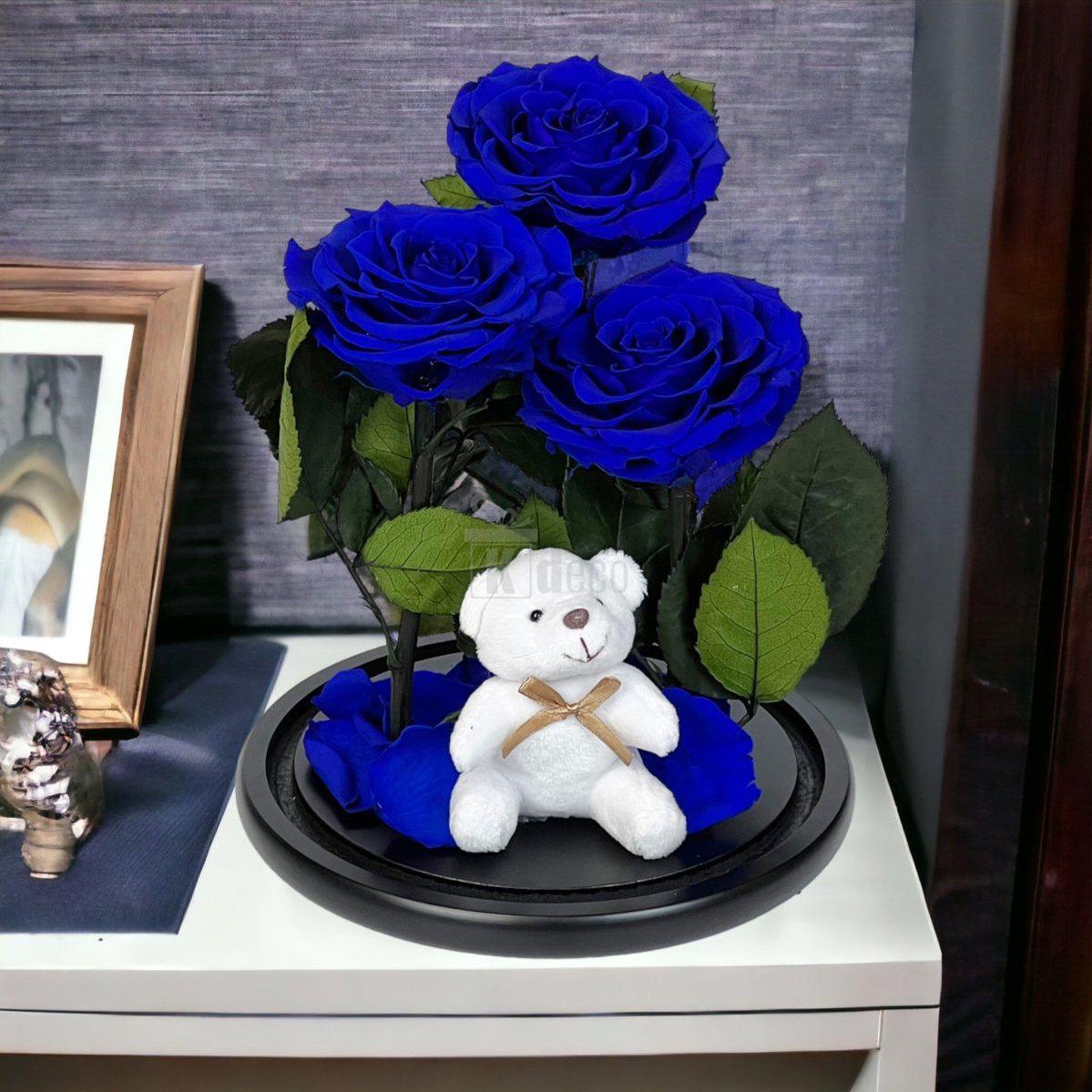 3 Trandafiri Criogenati mari albastrii in cupola de sticla cu ursulet-Kdeco.ro