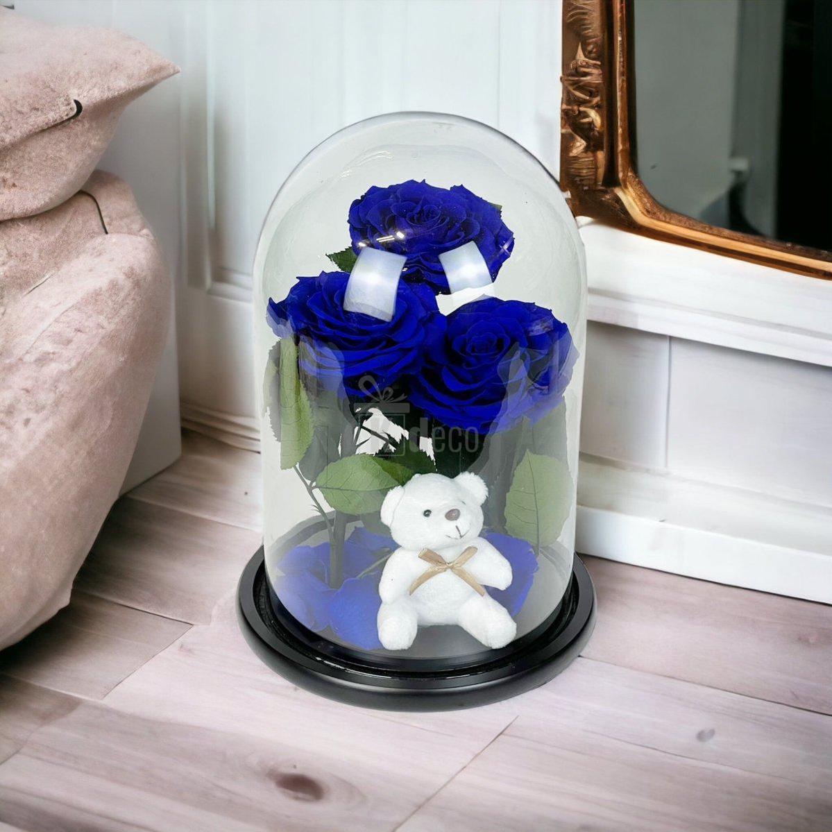 3 Trandafiri Criogenati mari albastrii in cupola de sticla cu ursulet-Kdeco.ro