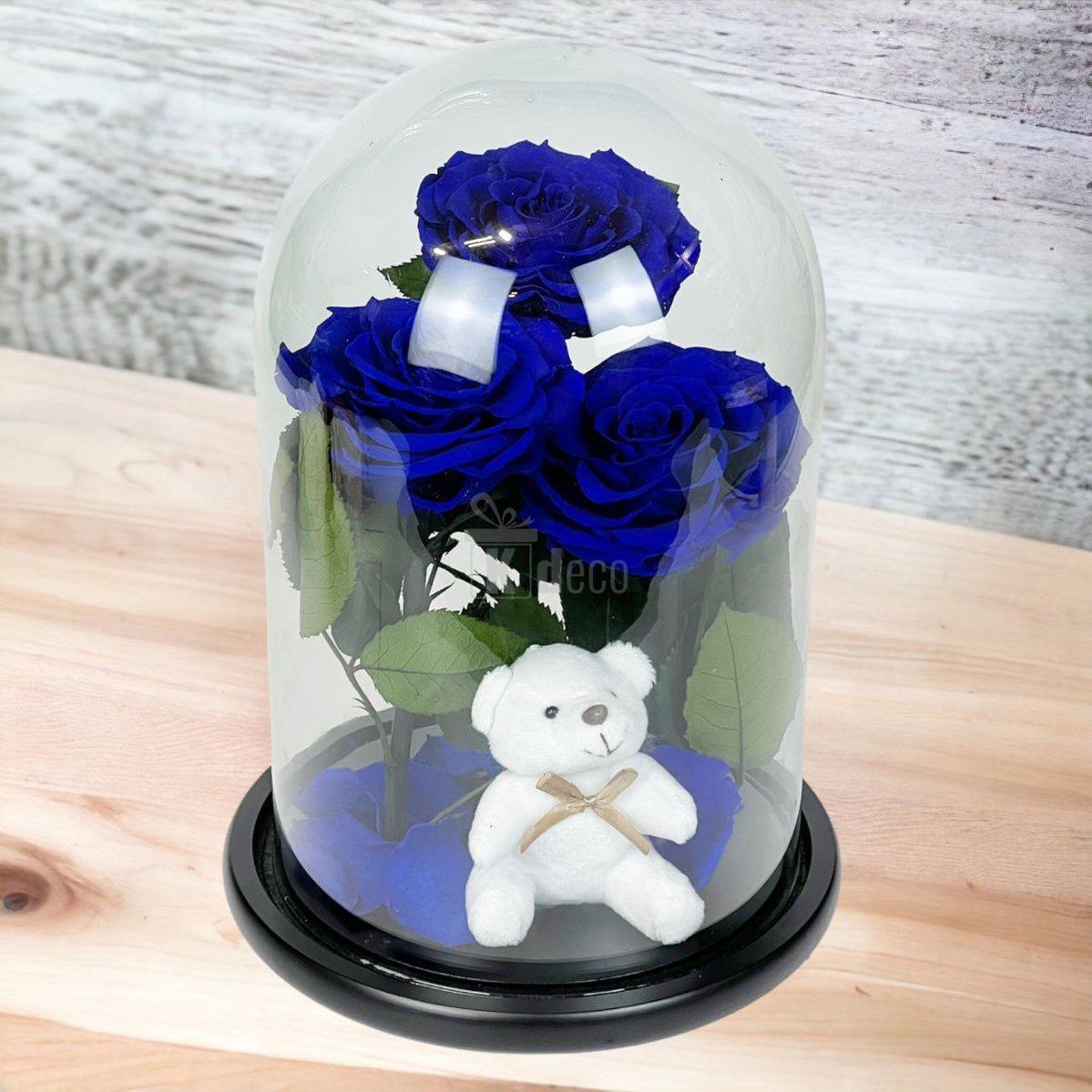 3 Trandafiri Criogenati mari albastrii in cupola de sticla cu ursulet-Kdeco.ro