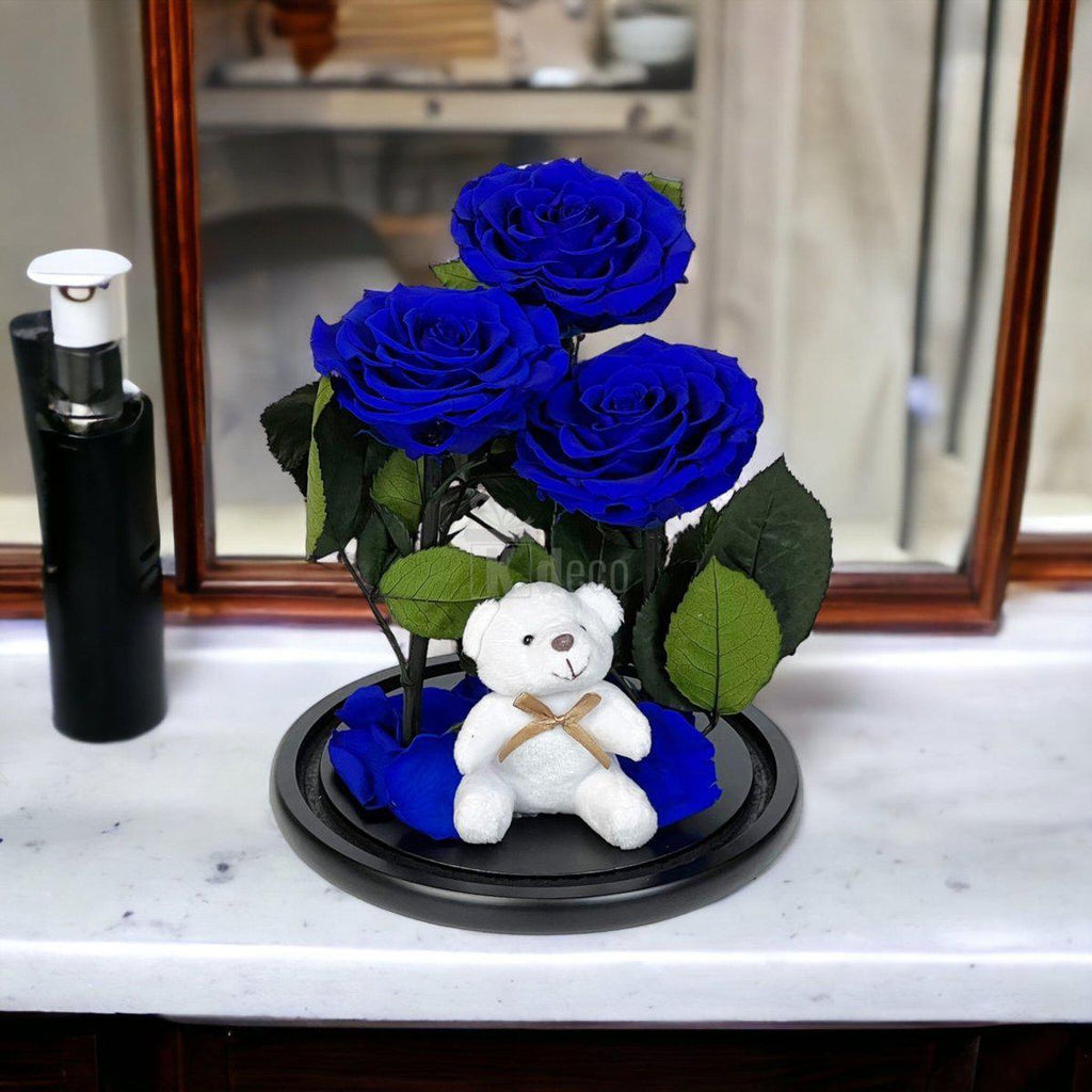 3 Trandafiri Criogenati mari albastrii in cupola de sticla cu ursulet-Kdeco.ro