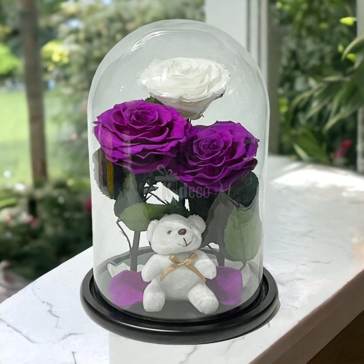 3 Trandafiri Criogenati mari (2 purpurii si 1 alb) in cupola sticla-Kdeco.ro