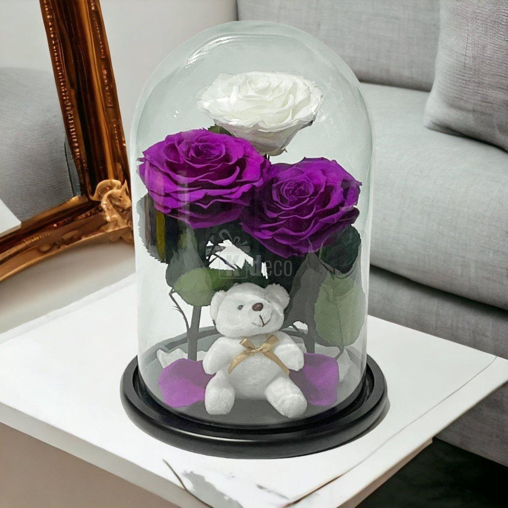 3 Trandafiri Criogenati mari (2 purpurii si 1 alb) in cupola sticla-Kdeco.ro