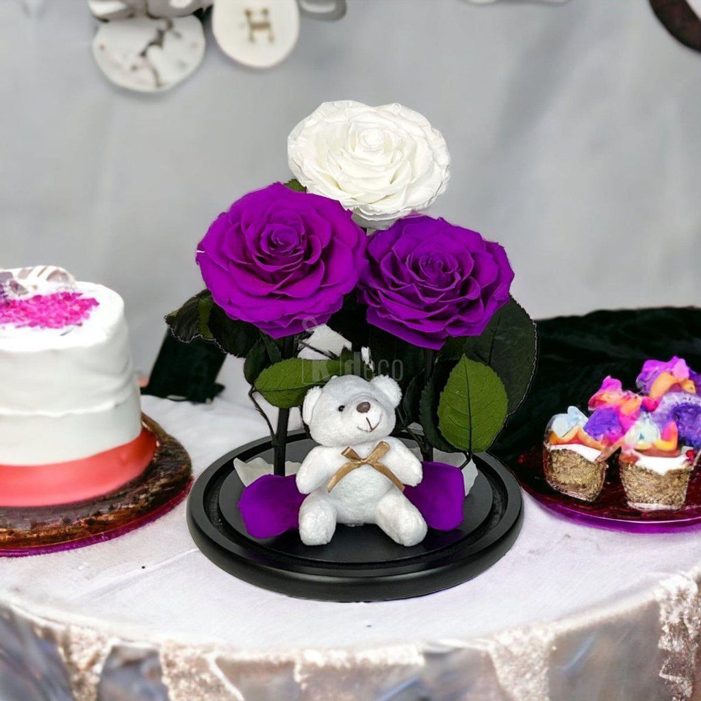 3 Trandafiri Criogenati mari (2 purpurii si 1 alb) in cupola sticla-Kdeco.ro