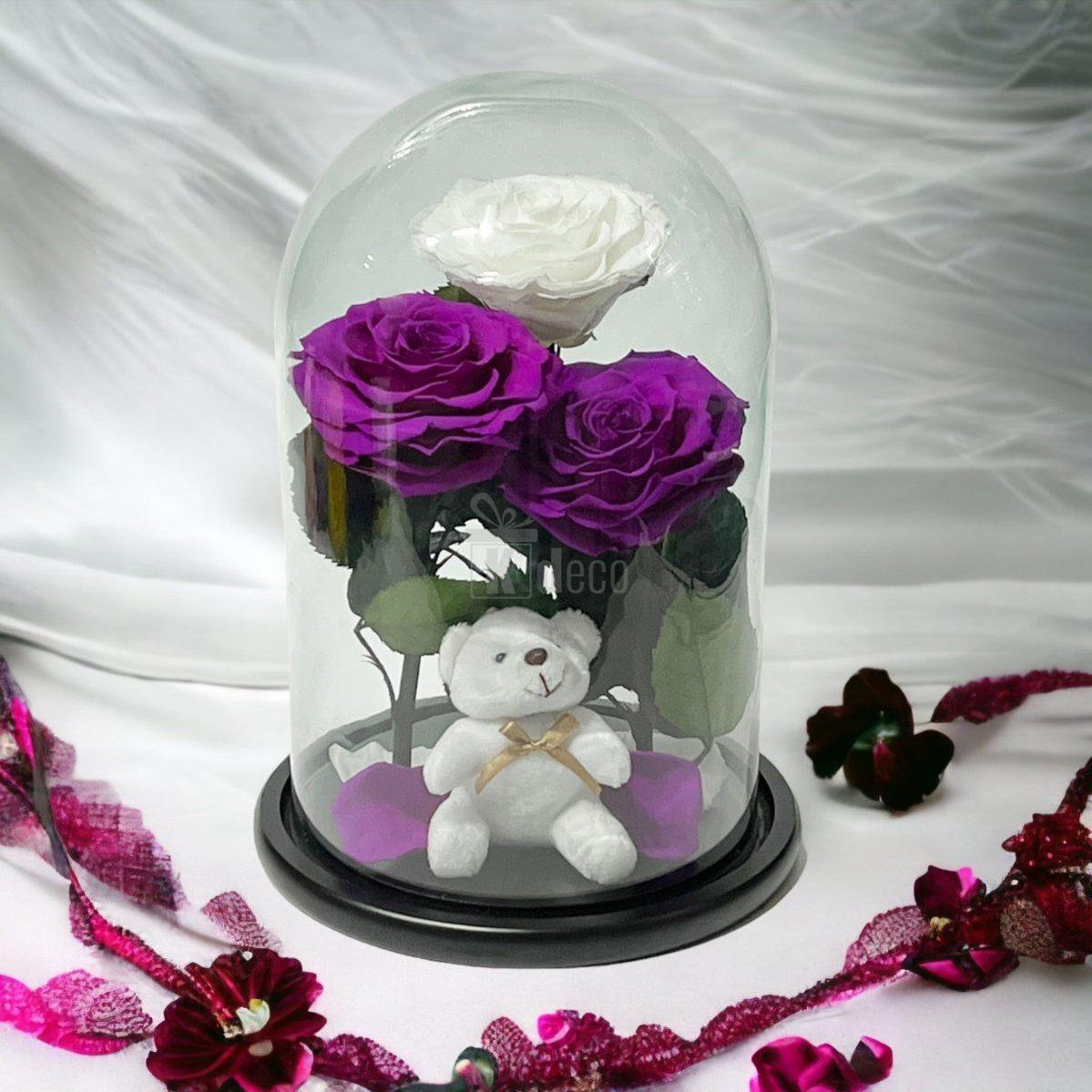 3 Trandafiri Criogenati mari (2 purpurii si 1 alb) in cupola sticla-Kdeco.ro