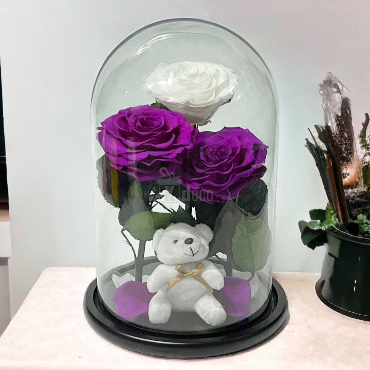 3 Trandafiri Criogenati mari (2 purpurii si 1 alb) in cupola sticla-Kdeco.ro
