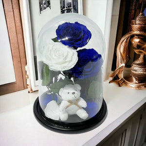 3 Trandafiri Criogenati mari (2 albastrii si 1 alb) in cupola sticla cu ursulet-Kdeco.ro