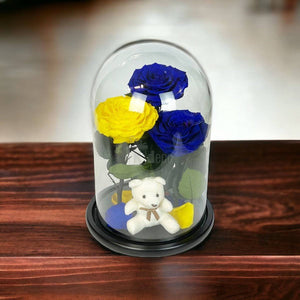 3 Trandafiri Criogenati mari (2 albastrii si 1 galben) in cupola sticla cu ursulet-Kdeco.ro