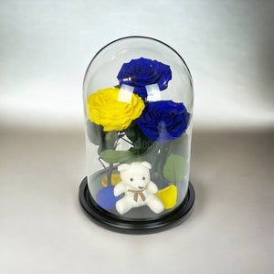 3 Trandafiri Criogenati mari (2 albastrii si 1 galben) in cupola sticla cu ursulet-Kdeco.ro