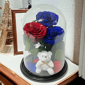 3 Trandafiri Criogenati mari (2 albastrii si 1 rosu) in cupola sticla cu ursulet-Kdeco.ro