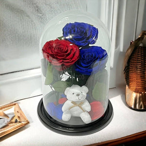 3 Trandafiri Criogenati mari (2 albastrii si 1 rosu) in cupola sticla cu ursulet-Kdeco.ro