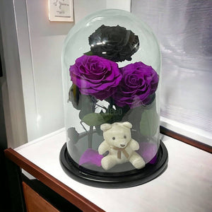 3 Trandafiri Criogenati mari (2 purpurii si 1 negru) in cupola sticla-Kdeco.ro