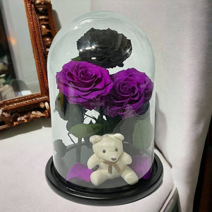 3 Trandafiri Criogenati mari (2 purpurii si 1 negru) in cupola sticla-Kdeco.ro