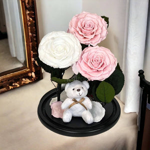 3 Trandafiri Criogenati mari (2 roz pal si 1 alb) in cupola sticla-Kdeco.ro