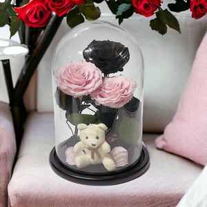 3 Trandafiri Criogenati mari (2 roz pal si 1 negru) in cupola sticla-Kdeco.ro