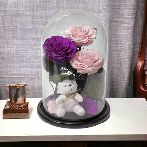 3 Trandafiri Criogenati mari (2 roz si 1 purpuriu) in cupola sticla-Kdeco.ro