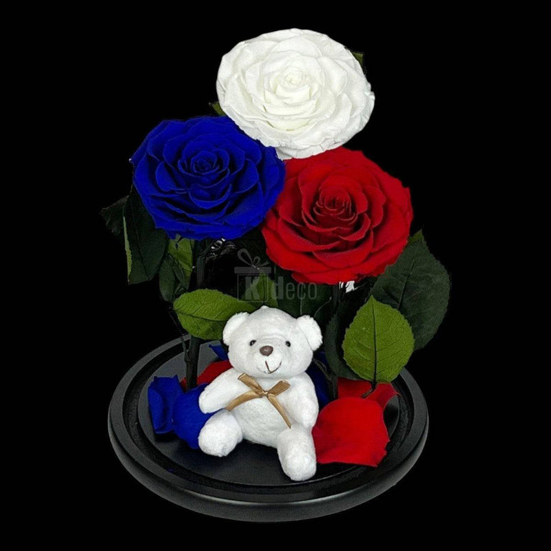 3 Trandafiri Criogenati mari (alb, albastru, rosu) in cupola de sticla-Kdeco.ro