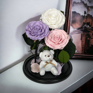 3 Trandafiri Criogenati mari (alb, lila, roz pal) in cupola de sticla-Kdeco.ro