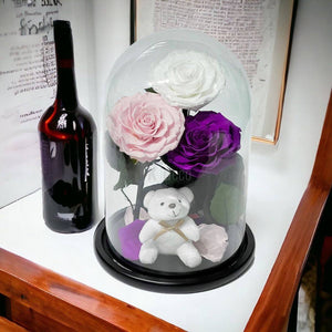 3 Trandafiri Criogenati mari (alb, roz, purpuriu) in cupola de sticla-Kdeco.ro