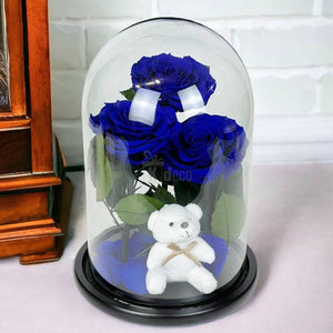 3 Trandafiri Criogenati mari albastrii in cupola de sticla cu ursulet-Kdeco.ro