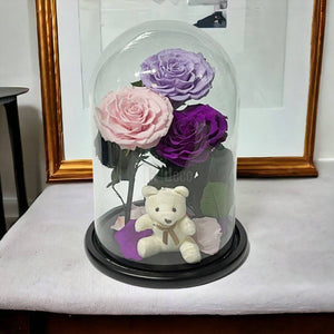 3 Trandafiri Criogenati mari (lila, roz, purpuriu) in cupola de sticla-Kdeco.ro