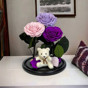 3 Trandafiri Criogenati mari (lila, roz, purpuriu) in cupola de sticla-Kdeco.ro