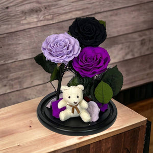 3 Trandafiri Criogenati mari (negru, lila, purpuriu) in cupola de sticla-Kdeco.ro