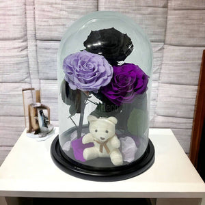 3 Trandafiri Criogenati mari (negru, lila, purpuriu) in cupola de sticla-Kdeco.ro