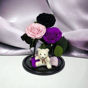 3 Trandafiri Criogenati mari (negru, roz, purpuriu) in cupola de sticla-Kdeco.ro