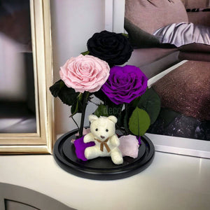 3 Trandafiri Criogenati mari (negru, roz, purpuriu) in cupola de sticla-Kdeco.ro