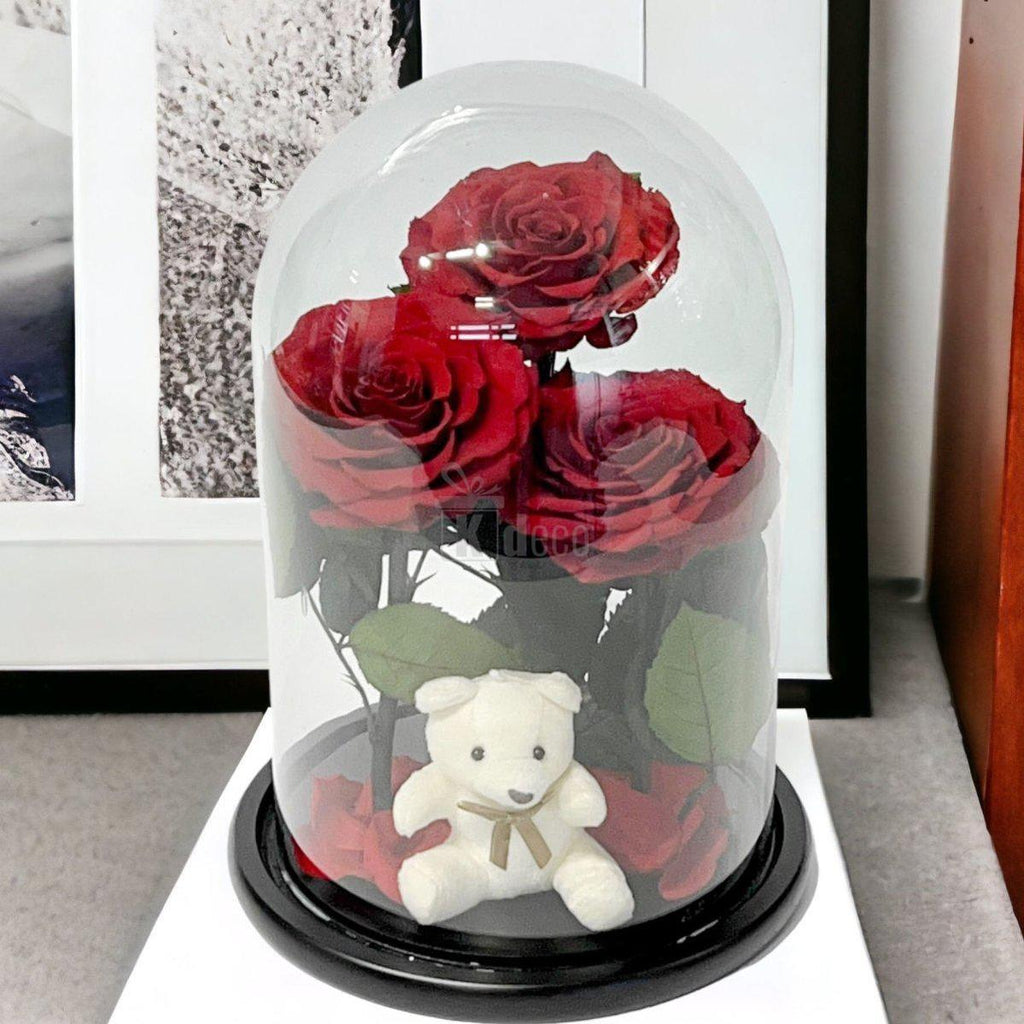 3 Trandafiri Criogenati rosii mari in cupola de sticla cu ursulet-Kdeco.ro