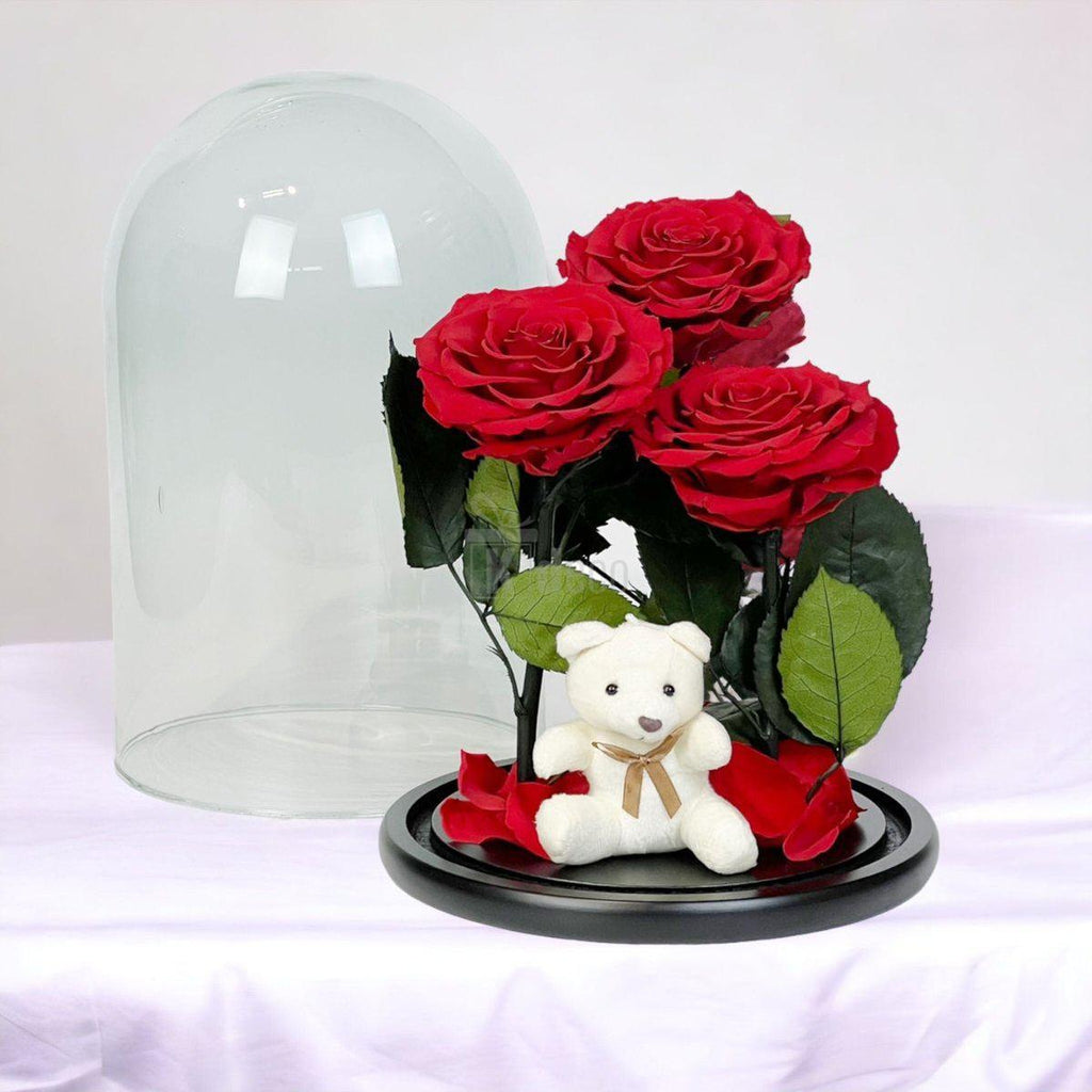 3 Trandafiri Criogenati rosii mari in cupola de sticla cu ursulet-Kdeco.ro
